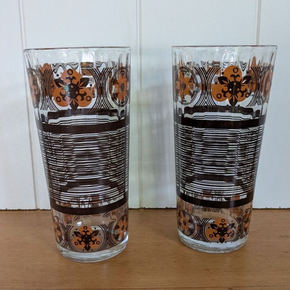 2 MCM Retro Orange Brown Floral Drinking Glasses - Stripes - 6.5" tall